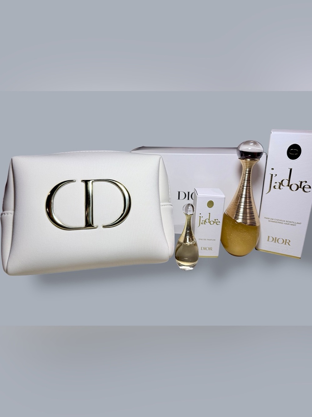 Dior J’adore Shimmering Hair Mist, J’adore mini & White CD Pouch